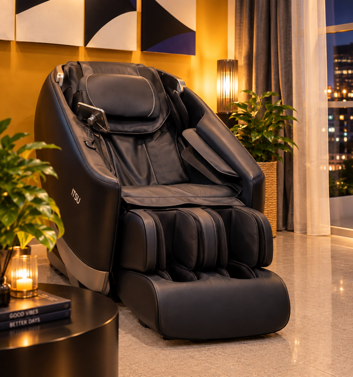 Brand-new ITSU massage chair inside the unit, with evening city views through the window