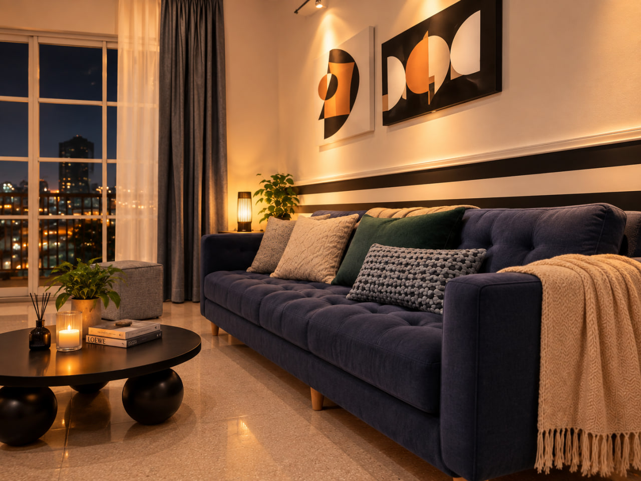 Navy sofa lounge with warm evening lighting and city views from the balcony