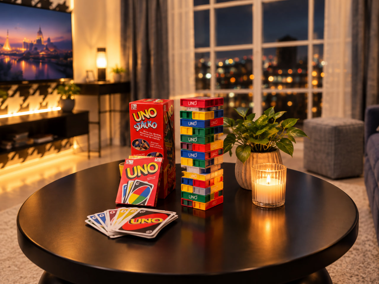 UNO Stacko game night setup on the living room coffee table with city night views