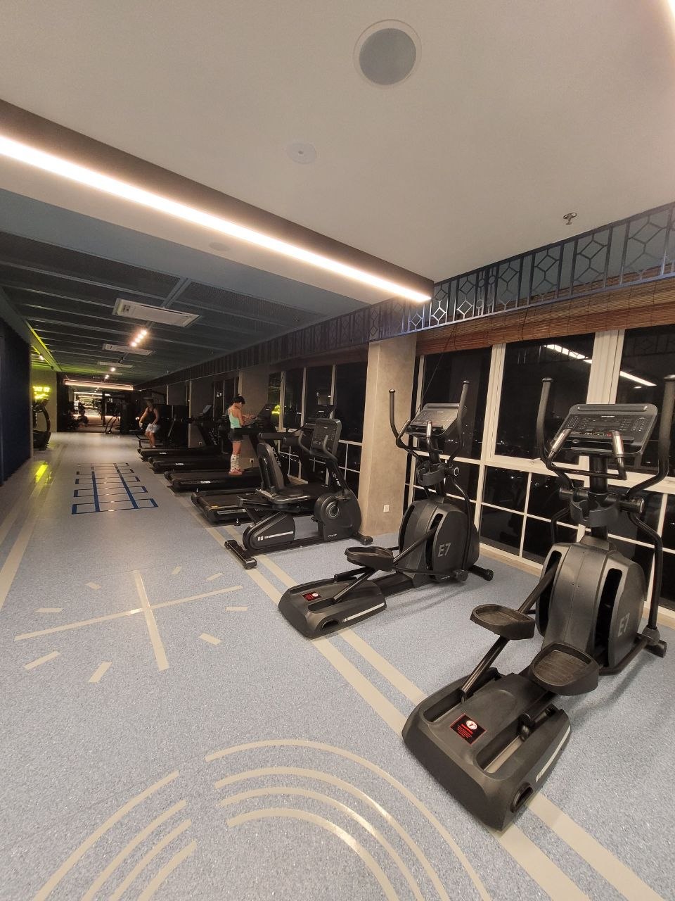 Sky gym cardio zone with treadmills and cross trainers facing the city